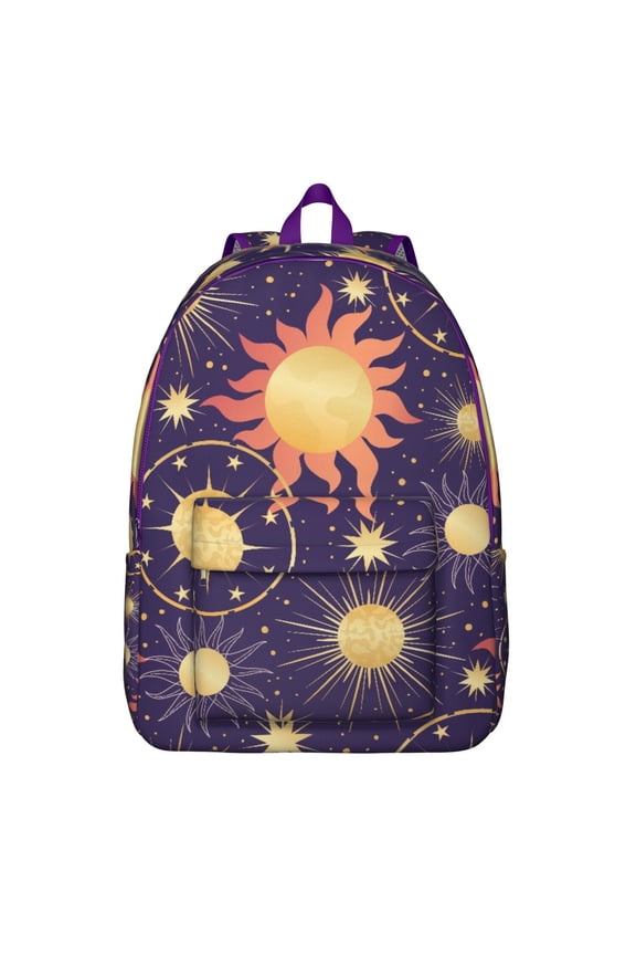 Witchy Gothic Backpack, Lightweight School Bag Featuring Golden Cosmic Sun and Moon Star Pattern