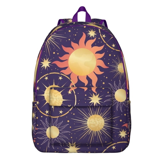 Witchy Gothic Backpack, Lightweight School Bag Featuring Golden Cosmic Sun and Moon Star Pattern