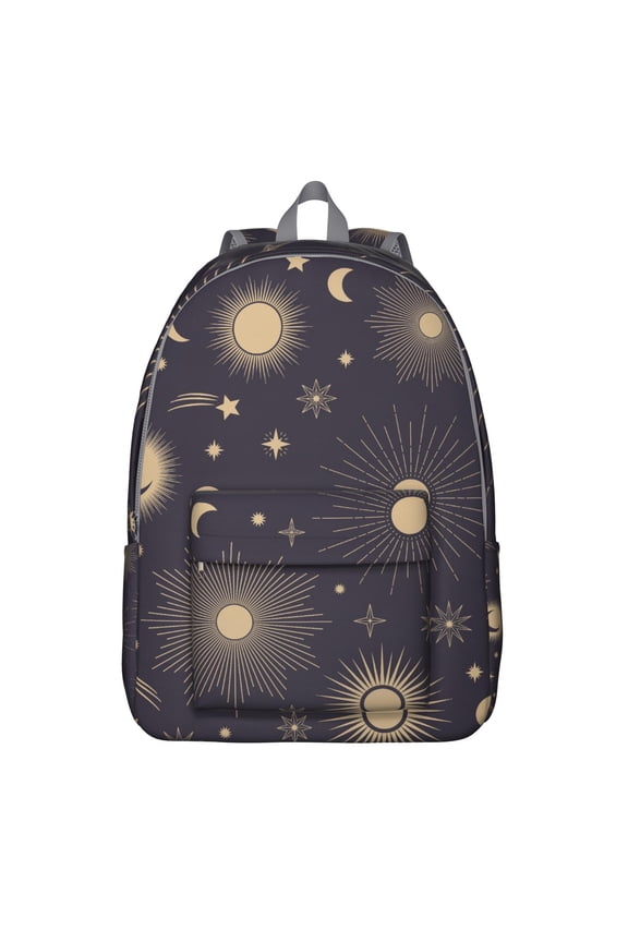 Witchy Gothic Backpack, Lightweight School Bag Featuring Golden Cosmic Sun and Moon Star Pattern