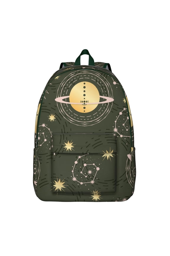 Witchy Gothic Backpack, Lightweight School Bag Featuring Golden Cosmic Sun and Moon Star Pattern