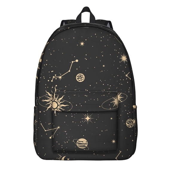 Witchy Gothic Backpack, Lightweight School Bag Featuring Golden Cosmic Sun and Moon Star Pattern