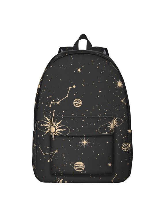 Witchy Gothic Backpack, Lightweight School Bag Featuring Golden Cosmic Sun and Moon Star Pattern