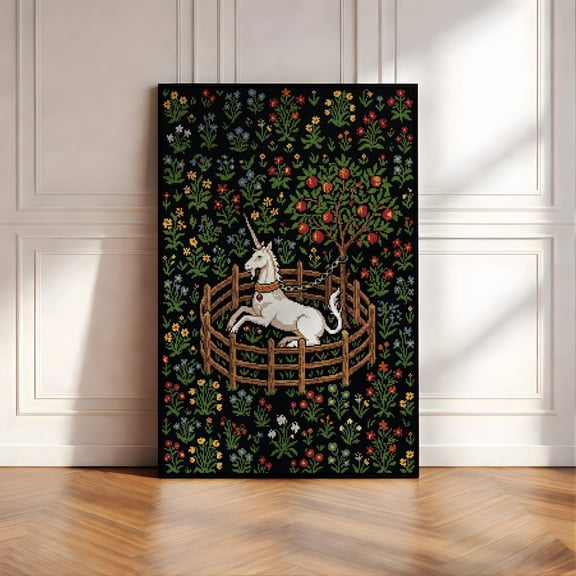 Witchy Gothic Cross Stitch Style Unicorn In Captivity Dark Academia Medieval Decor Historic Tapestry Millefleurs, Unframed Poster