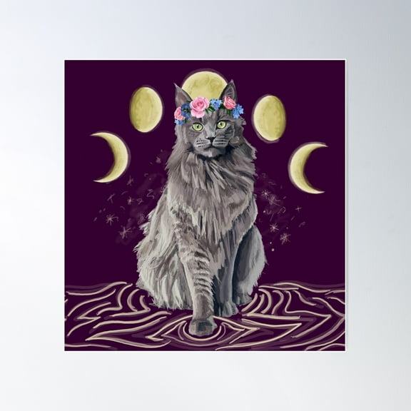 Witchy Grey Moon Cat Poster Wall Art, Modern Wall Decor For Living Room Bedroom, 16x16 UNFRAMED