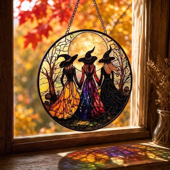Witchy Halloween Acrylic Suncatcher, 2D Painted Stained Glass Window Hanging Decor with Gothic Witch Design, Spooky Wall Art for Home Window Party Gift
