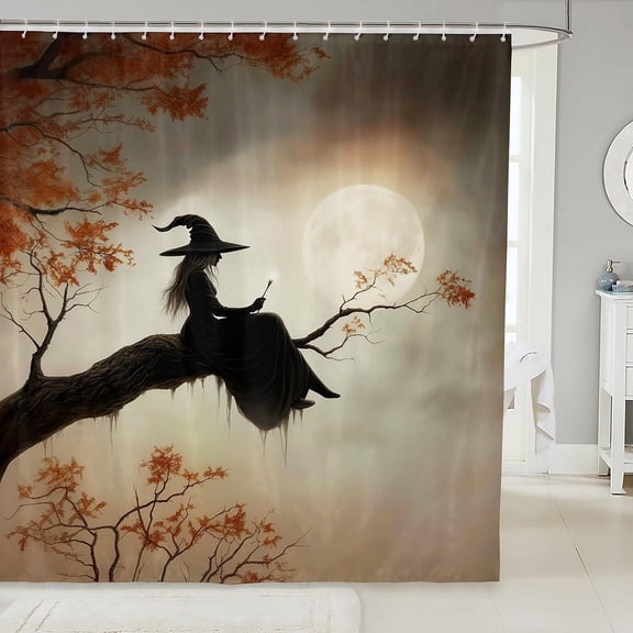 Witchy Halloween Shower Curtain Halloween Gothic Decorations Bathtub Decor Magical Witch Waterproof Bathroom Curtains Dark Moon Bath Curtain