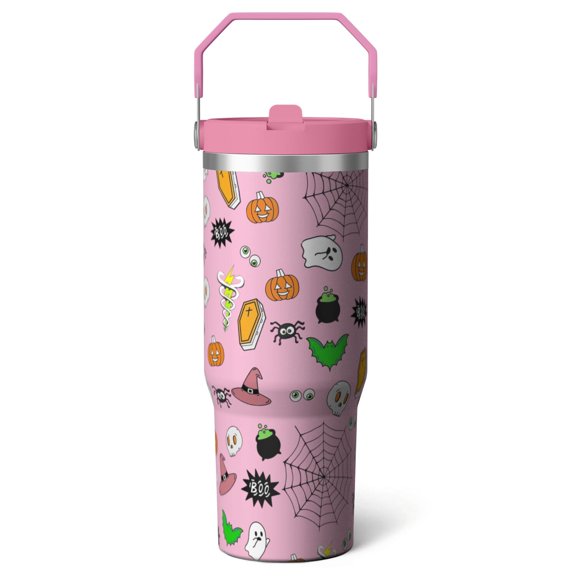 Witchy Halloween Tumbler 30oz with Lid and Straw, Leakproof Insulated Skull Bat Cup, Travel Coffee Mug with Handle for Spooky Fall Party Decor Gifts