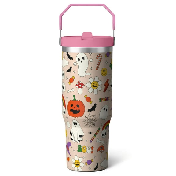 Witchy Halloween Tumbler 30oz with Lid and Straw, Leakproof Insulated Skull Bat Cup, Travel Coffee Mug with Handle for Spooky Fall Party Decor Gifts