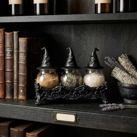 Witchy Hat Apothecary Spice Jars Set of 3 with Resin Stand,Gothic Glass Seasoning Containers with Witch Hat Lids,Gothic Kitchen Decor For Spices, Herbs, Salt, Pepper & Tea Leaves