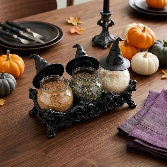 Witchy Hat Apothecary Spice Jars Set, Gothic Glass Storage Set with Witch Hat Lids,Gothic Kitchen Decor For Spices