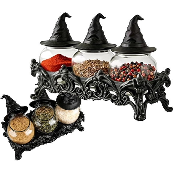 Witchy Hat Apothecary Spice Jars Set with Resin Stand Gothic Kitchen Decor, Enchanting 3-jar spice set with black witch hat lids & carved resin stand. Ideal for Halloween kitchen & coffee bar decor