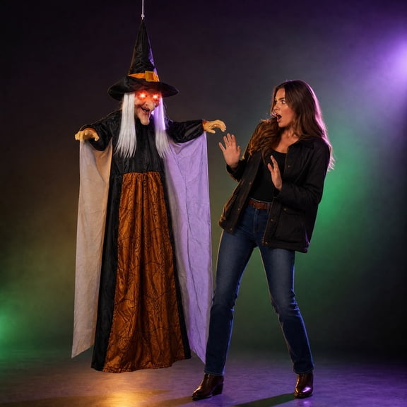 Witchy Home Decor,Outdoor Halloween Props Yard Displays,Halloween Hanging Witch with Scary Sound Effect and Red Eyes, Life Size Lighted Scream Witch, Halloween Haunted House Decor(Orange 6ft)