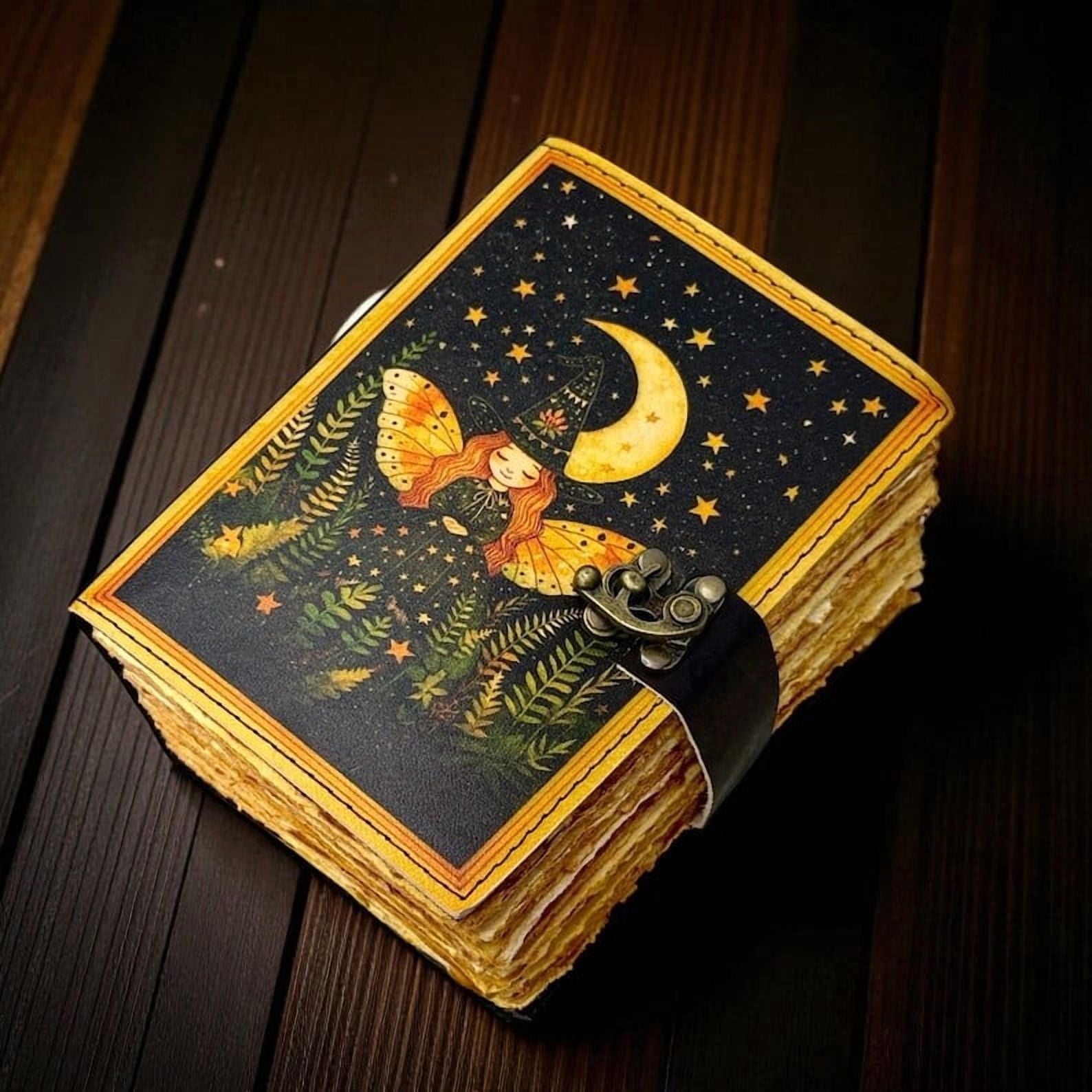 Witchy Leather Grimoire Journal – Handmade 5x7 Inch Spellbook, 200 Deckle Pages, Wiccan Pagan Notebook, Gothic Witchcraft Journal,