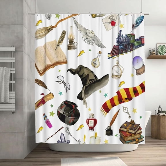 Witchy Magical Showers Funny Magic Book Wizard Hat Broom Train Shower Curtain Decorative Bathroom Curtain Waterproof Polyester 72x72in