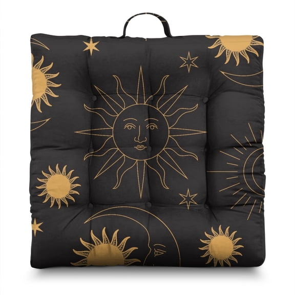 Witchy Meditation Seat Thick Square Floor Cushion with Mystical Sun & Moon Print for Yoga & Relaxation