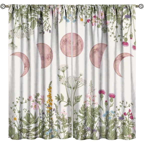 Witchy Moon Phase Curtains, Rustic Vintage Wildflower Plant Leaves Botanical Herbs Pink Moon Phase Print Window Drapes for Living Room Girls Bedroom Kitchen Decor 42" W X 54" L