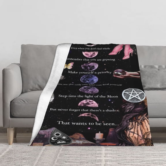 Witchy Moon Phase Self Growth Affirmation Pentagram Crystal Ball Flannel Throw Blanket, Reversible Sherpa Fleece Decor Blanket for Couch Bed Sofa, Mystic Wicca Spiritual Healing Women Gift Blanket