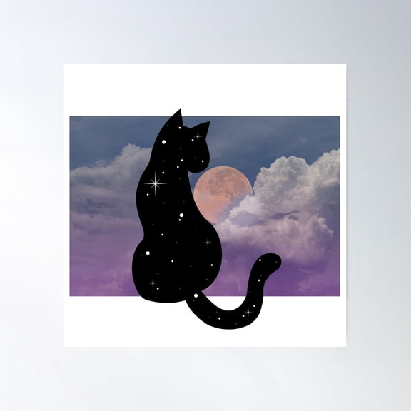 Witchy Mystical Black Cat Kitty Pink Full Moon Clouds Poster Wall Art, Modern Wall Decor For Living Room Bedroom, 16x16 UNFRAMED