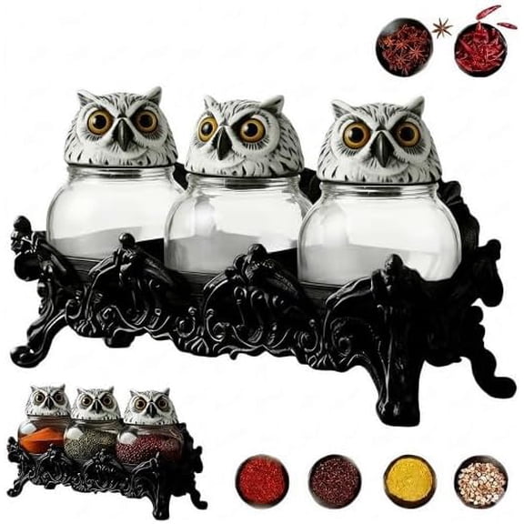 Witchy Owl Apothecary Spice Jars, Handcrafted Glass Jar Vintage Decorative Storage Containers with Owl Lid, Gothic Kitchen Seasoning Shakers Food Storage Container Home Decor