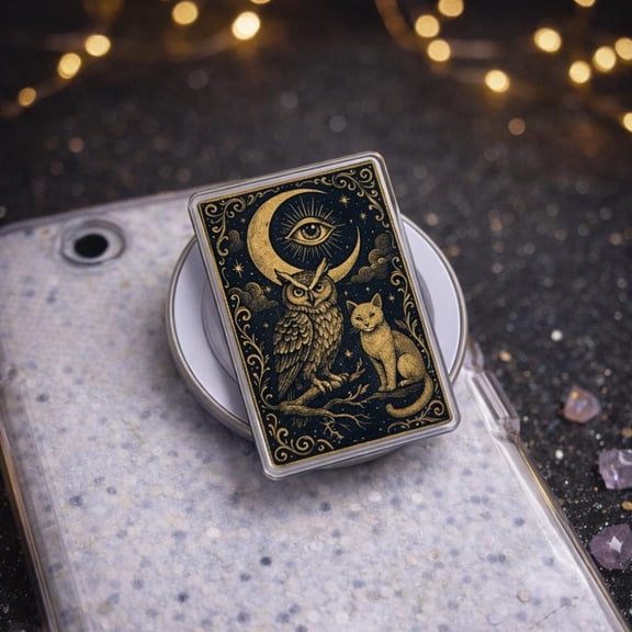 Witchy Owl Cat Moon Phone, Celestial Gothic Phone, Mystical Spiritual Phone Grip, Animal Lover Phone Holder, E-Reader Accessory