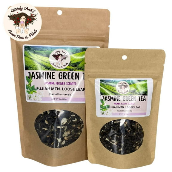 Witchy Pooh's Jasmine Scented Loose Leaf Green Tea, Fujian Mountain, Caffeinated, 1oz Pouch