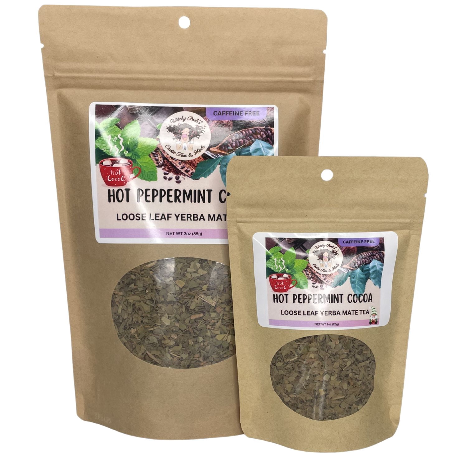 Witchy Pooh's Hot Peppermint Cocoa Tea - Loose Leaf Yerba Mate Herbal Dessert Tea, Caffeine Free, 1oz
