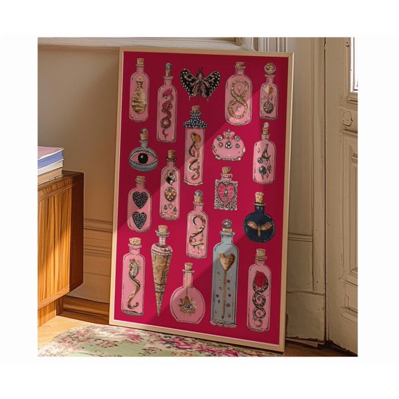 Witchy Potion Bottle Art Print: Pink Elixir Gothic Apothecary Decor