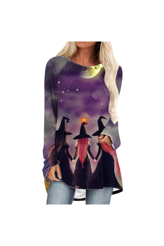 Witchy Printed Blouse for Women 2024 Fall Casual Long Sleeve Witch Shirt Halloween Witch Graphic Crewneck Sweatshirts