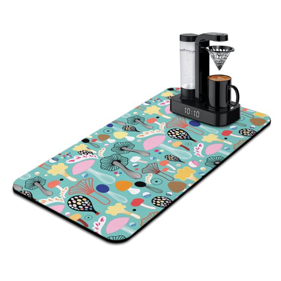 Witchy Psychedelic Mushroom Coffee Bar Mat Absorbent Non-Slip Counter Protector, Trippy Mushroom Print, Eco-Friendly & Durable