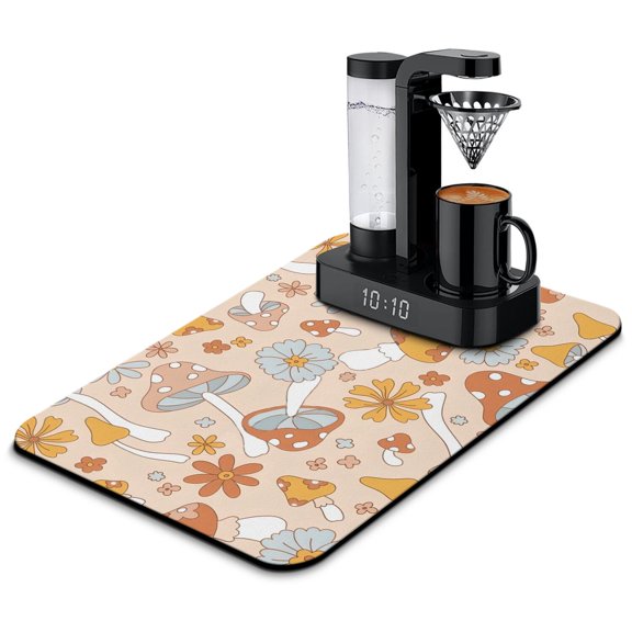 Witchy Psychedelic Mushroom Coffee Bar Mat Absorbent Non-Slip Counter Protector, Trippy Mushroom Print, Eco-Friendly & Durable