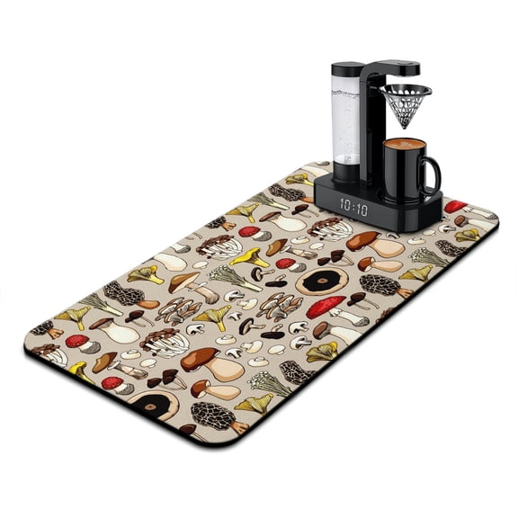 Witchy Psychedelic Mushroom Coffee Bar Mat Absorbent Non-Slip Countertop Protector, Trippy Mushroom Print, Multi-Functional Use