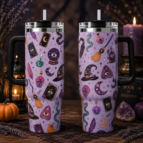 Witchy Purple Celestial 40 oz Tumbler with Handle and Straw, Potion Moon Tarot Halloween