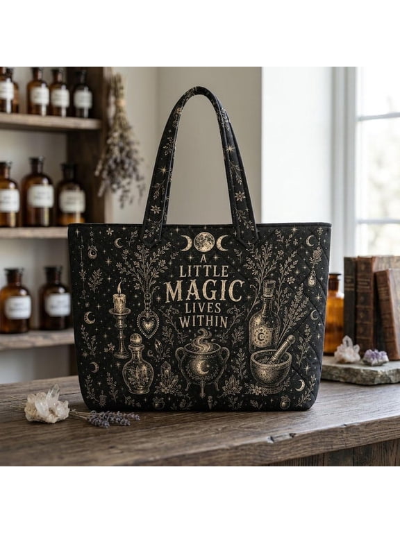 Witchy Quilted Tote Bag, A Little Magic Lives Within Bag, Celestial Witch Tote, Gothic Magic Bag, Halloween Gift for Her