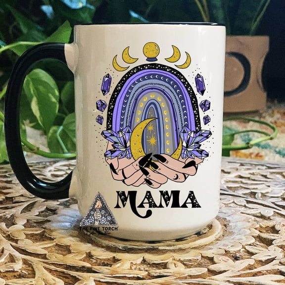 Witchy Rainbow Mama Ceramic Mug, Gothic Moon Mama Mug, Mystical Moon Crystals, Occult Moon Theme Tarot,Pink Handle Mug 11oz color
