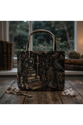 Witchy Raven Quilt Tote Bag, Occult Book Shoulder Bag, Dark Academia Crystal Ball Handbag, Gothic Gift for Her