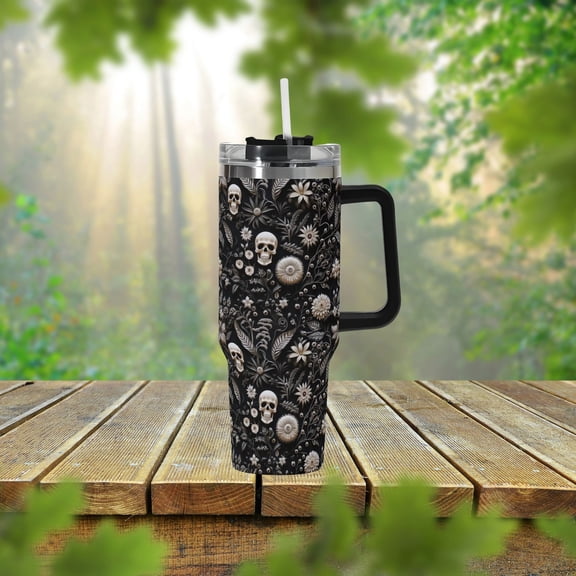 Witchy Skull Floral 40oz Stainless Steel Tumbler With Handle Lid and Straw, Goth Skeleton Cup, Travel Tumbler, Fun Tumbler Gift