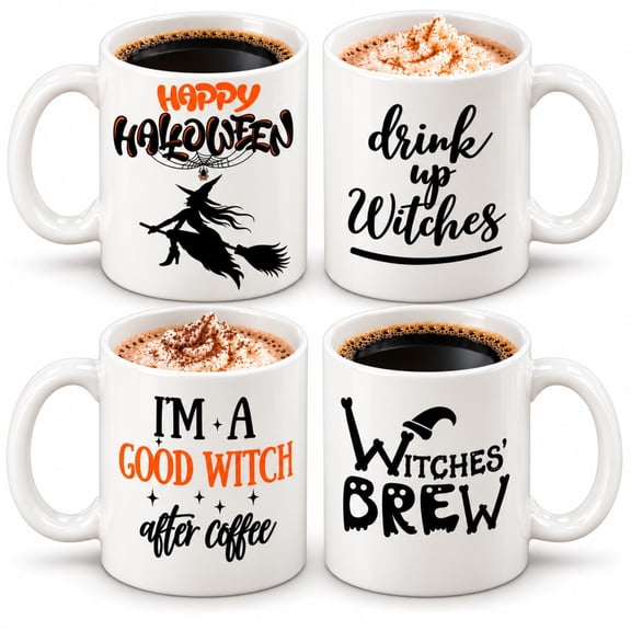 Witches Brew 11 oz Halloween Mug Set, Ceramic Drink Up Witches Coffee Cups for Fall Kitchen Decor, 4-Pack