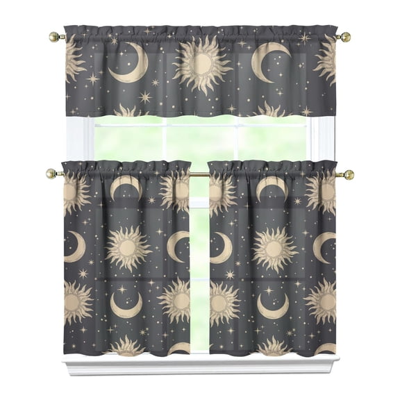 Witchy Spiritual Kitchen Curtains 3-Piece Set - Gothic Celestial Tier Panels with Golden Star Print for Farmhouse