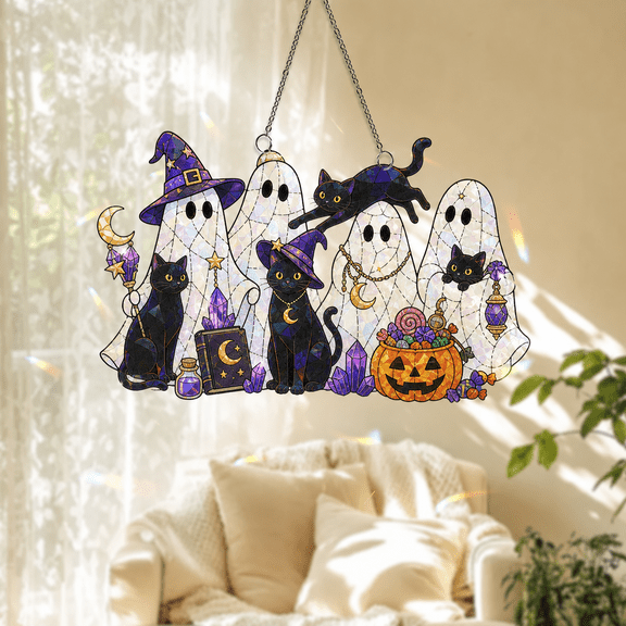 Witchy Suncatcher Acrylic Window Hanging, Ghost & Black Cat Halloween Decor