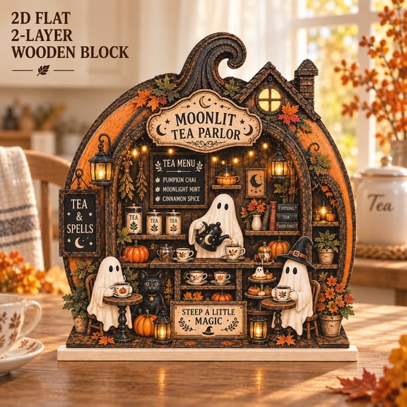 Witchy Tea Parlor Layered Wooden Block for Halloween Tabletop Decor