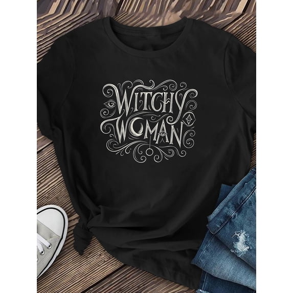 Witchy Woman Graphic Tee Vintage Gothic Lettering Design Unisex Casual Wear Halloween Gift Cotton Men's Women's Tee Shirt