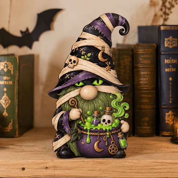 Witchy Wooden Block Decor Halloween Gnome Cauldron