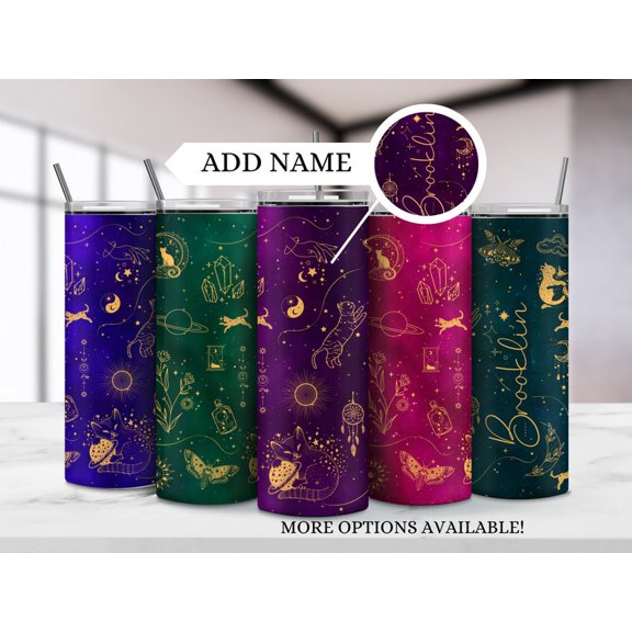 Witchy celestial cat tumblers, Boho moon crystal cat tumbler, Gift for cat owner, Tumbler with cats, Witchy gifts, Custom cat lover gift