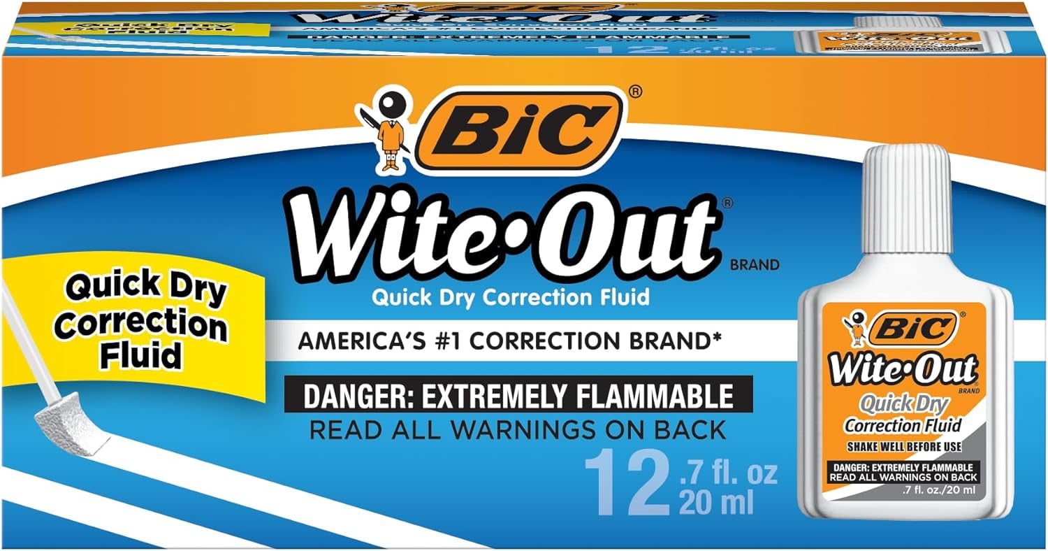 Wite Out Quick Dry Correction Fluid, 20 mL, White, Goes on Easy With A Reduced Dry Time, 12-Count Pack
