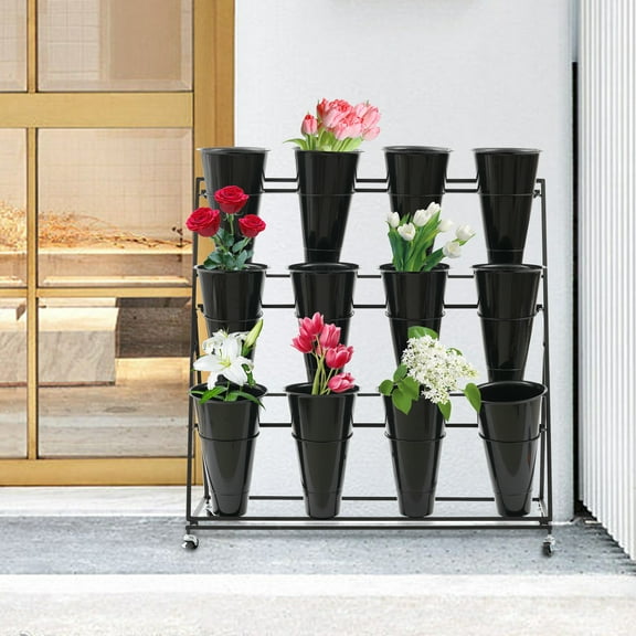 With 12 Buckets & Wheels Flower Display Stand 3 Tiers Flower Vase Display Rack