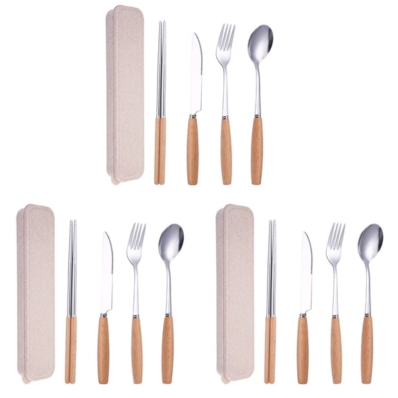 With Case-12 Pieces Wood Handle Reusable Flatware Set Fork Spoon Stainless Steel Portable Travel Utensil Set