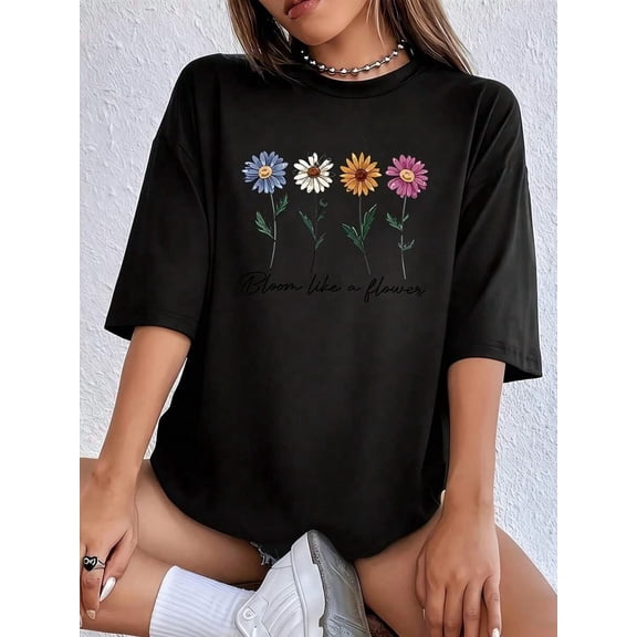 With Floral Print And Inspirational Quote Women's Plus Size T-Shirt Funny Oversized Graphic Short Sleeve Tee Novelty Shirt Casual Crew Neck Top