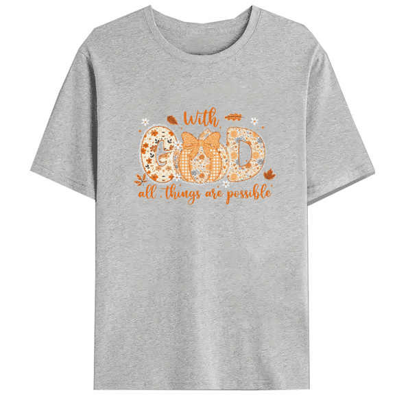 With GOD All Things Are Possible Print T-shirts Preppy Floral Fall Lace Pumpkin Graphic Tees Short Sleeve Casual Flower Tops for Daily Outfits Gray,M
