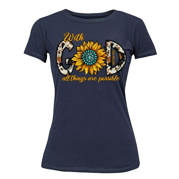 With God All Things Are Possible Easter Matthew 19:26 Christian Bible Verse Women's T-shirt, S, Navy