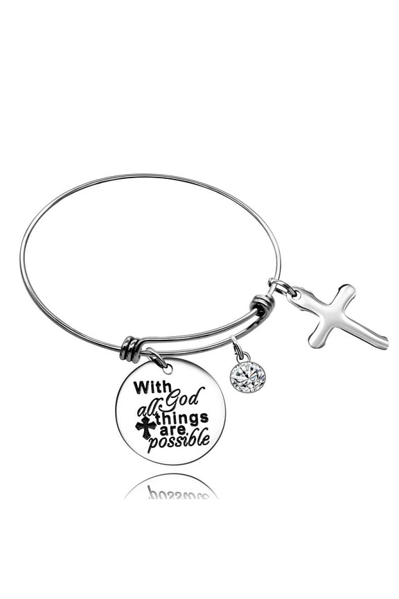 With God All Things Are Possible Inspirational Bangle Bracelet Stainless Steel Bible Quote Cross Bracelets